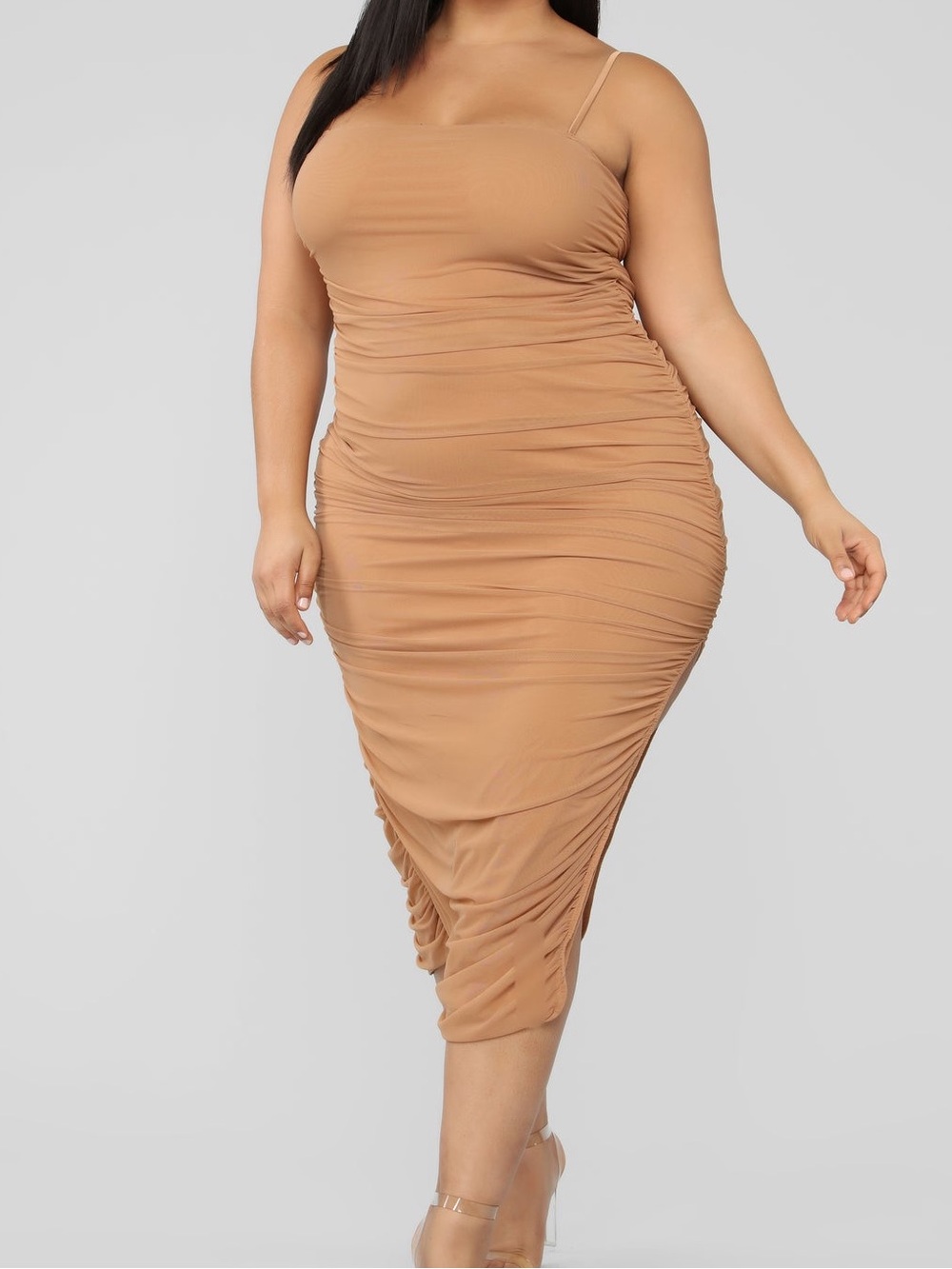 Fashion Nova Camel Ruched Spaghetti Strap Midi Dress